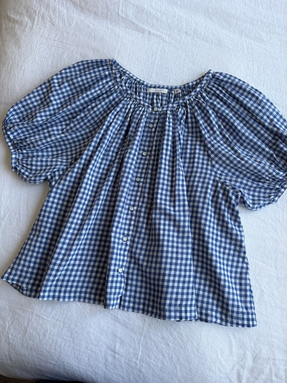 Doen June Cotton Button Short Puff Sleeve Blouse Top Blue Gingham White